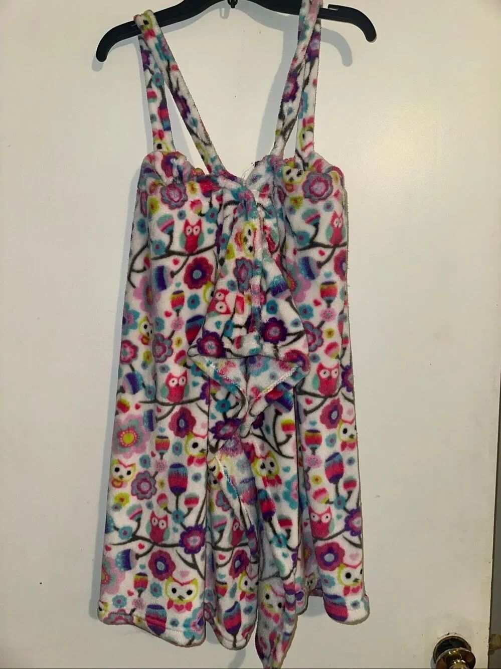 Pajama drama  BATH TOWEL WRAP Cute OWL Print 100% Poly Very Soft! Size L/XL EUC